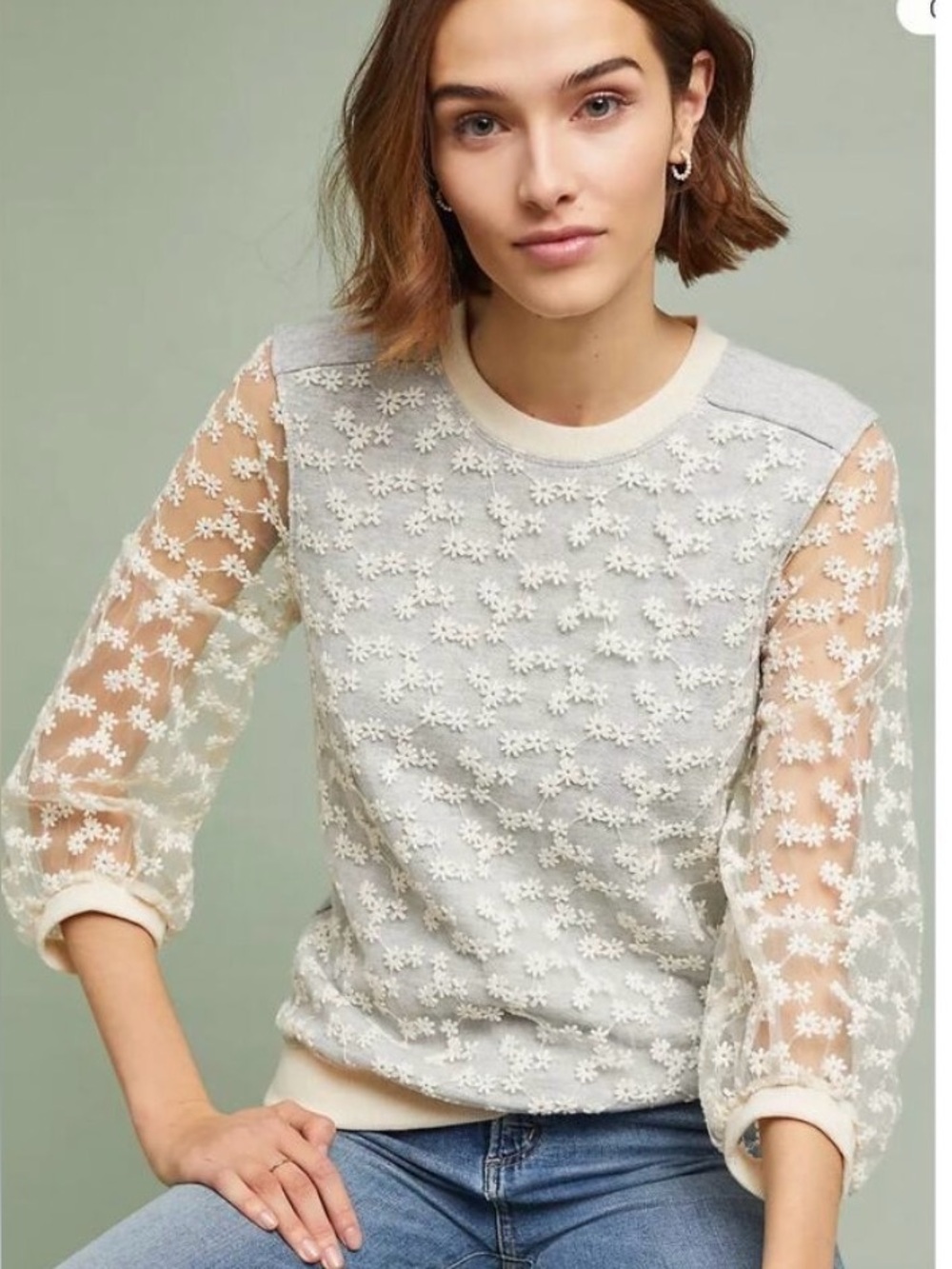 Anthropologie Gray & Cream Floral Lace-Overlay Crew Neck
